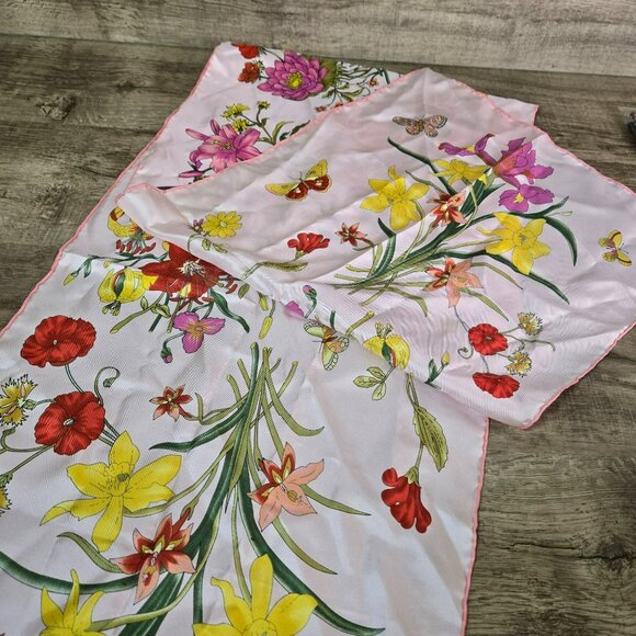 Floral Butterfly Print 100% Silk Pink Scarf Wrap Shawl Lightweight & Elegant - Picture 4 of 11